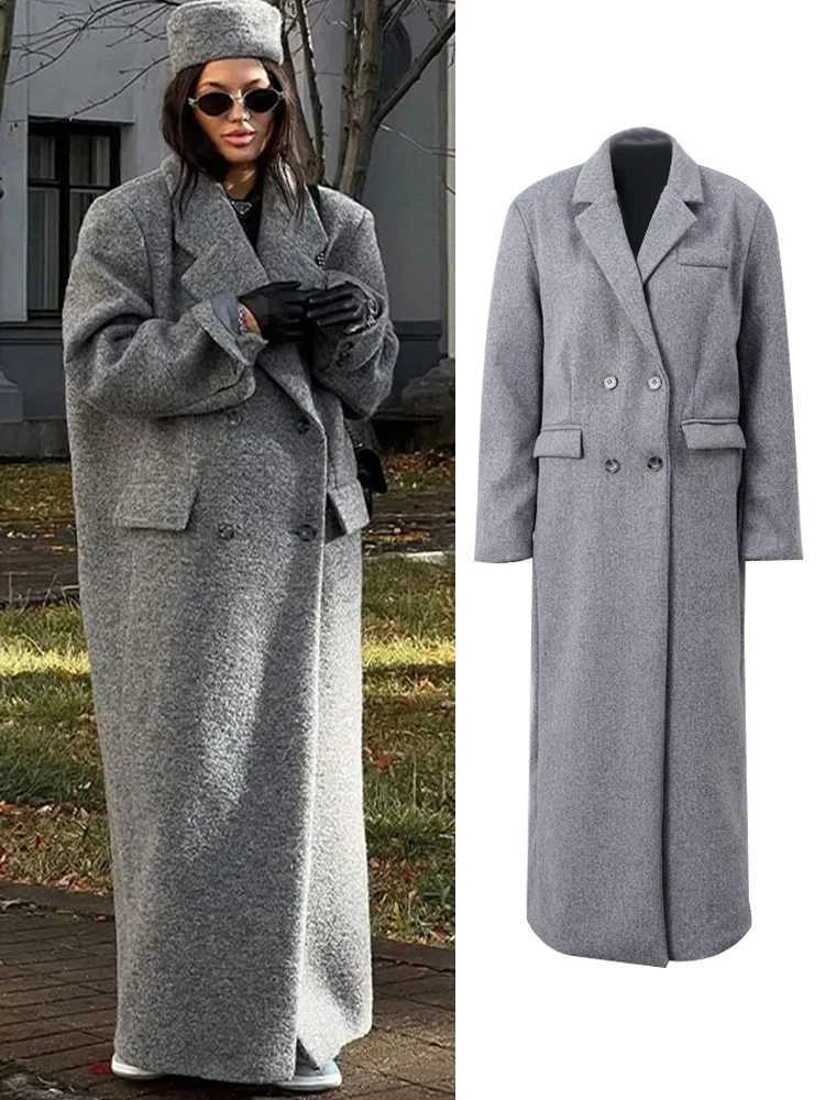 Gray Casual Womens Jacket Coat Woolen Notched Double Breasted Elegant Back Split Loose Outwear 2024 Autumn Chic Street CoatsX241009