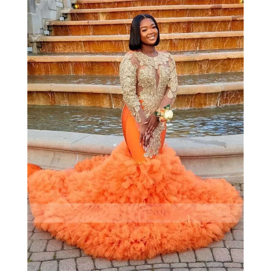Ebi Orange Aso Style Mermaid African Prom Dresses For Black Girls Golden Beading Rhie Ruffles Party Dress Robe De