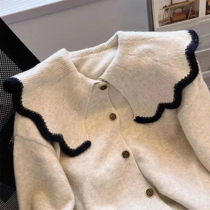Korej Casual Women Cardigan 2023 Autumn Winter Clothes Peter Pan Collar Knitted Sweater Coat Knitwear Solid Ladies Tops 241007