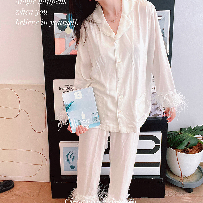 Blogger Long Sleeved Ostrich Feather Pamas For Women, Home Clothes ,White Two Piece Pama Set,Party Wear Winter