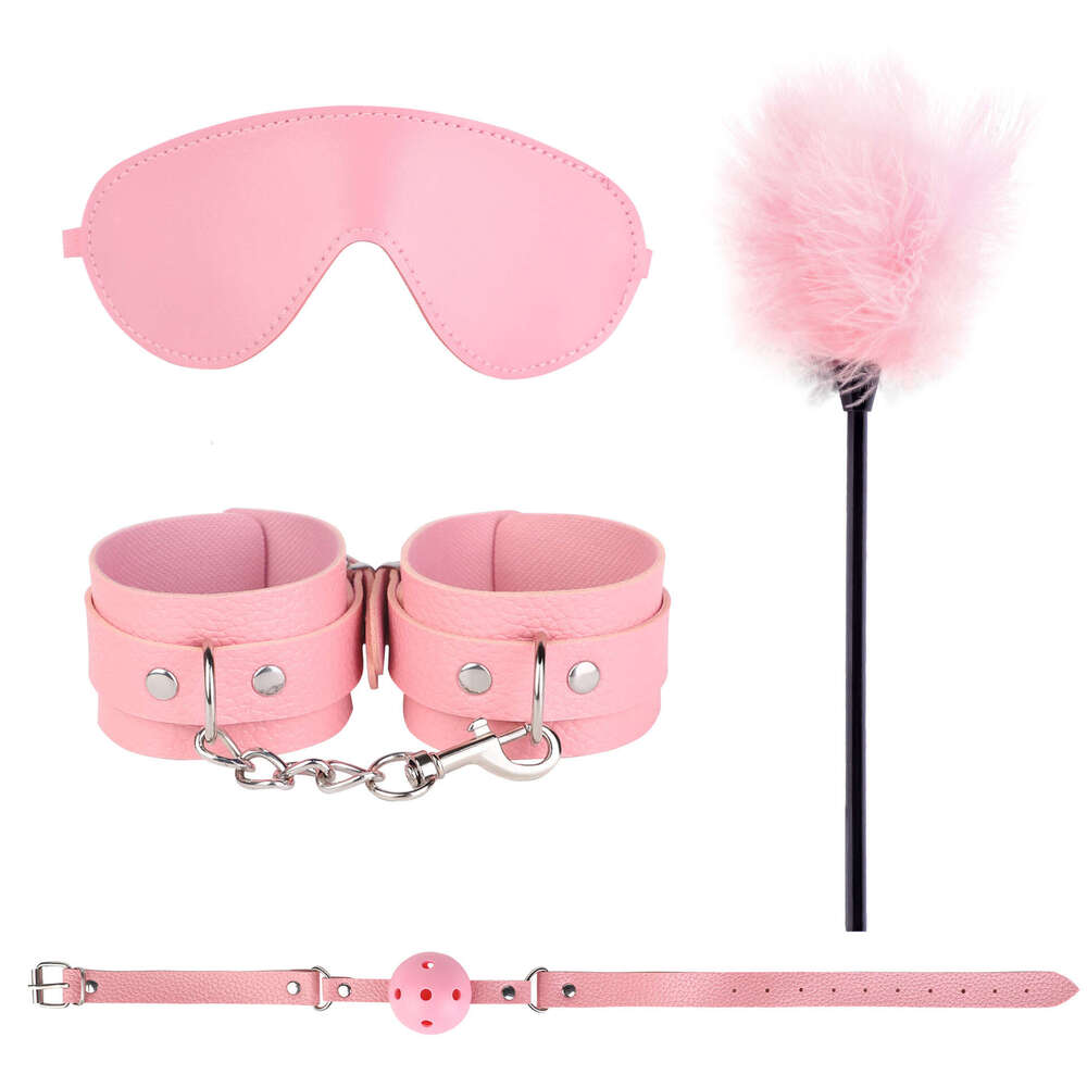 SM Props 4-piece Set PVC Sex Handcuffs Flirting Feather Stick Sex Eye Mask Training Mouth Stopper Alternative Adult Products