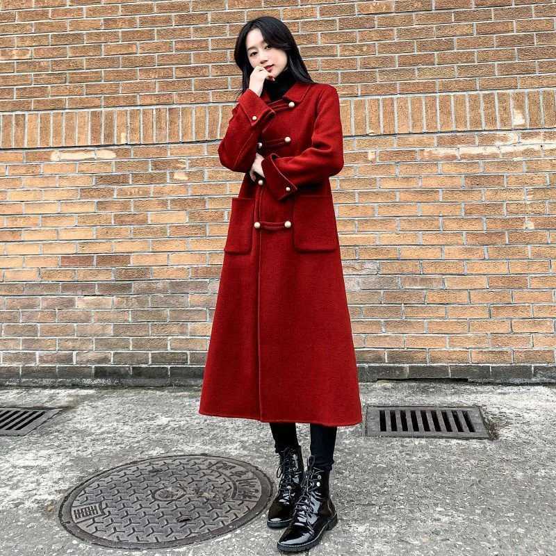 Elegant Socialite High-End Suit Style Woolen Coat For Womens Autumn Winter New Long Double Breasted Woolen Outcoat With BeltX241009