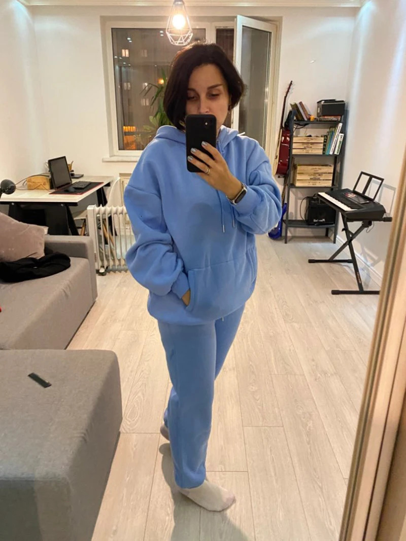 Womens sportswear casual hoodie sweatshirt pants set lounge clothing 2PCS autumn and winter thick 241007