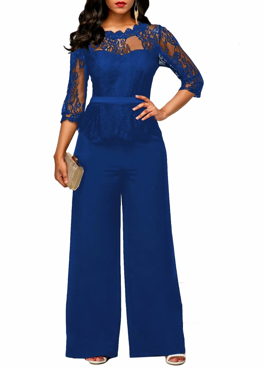 Sexy womens casual top lace wide leg pants twopiece set elegant nightclub party tracking suit jumpsuit 241008