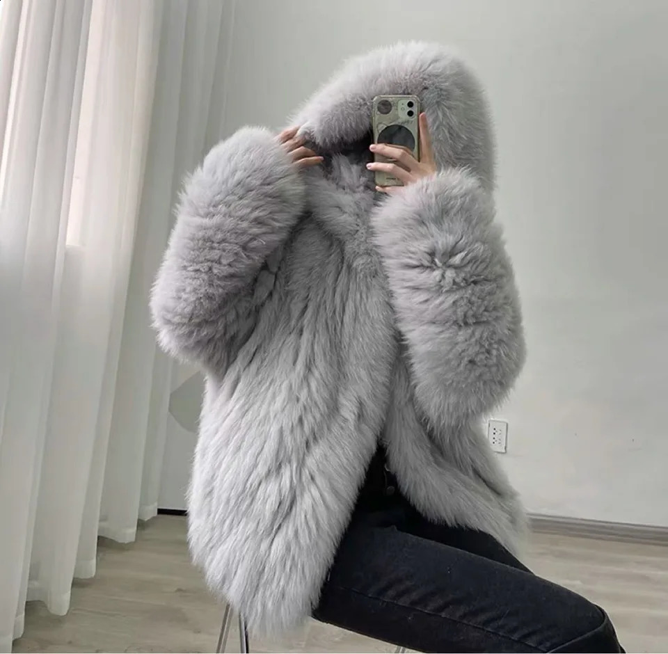 Autumn and winter womens manual doublesided woven highquality real fox fur coat 100% natural jacket loose hooded streetwear 240930