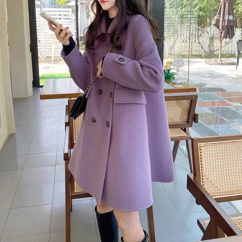 Fashion Double Sided Woolen Coat Spring Autumn Winter Coat Womens Korean Mid Length Double Breasted Buckle Woolen OuterwearX241009