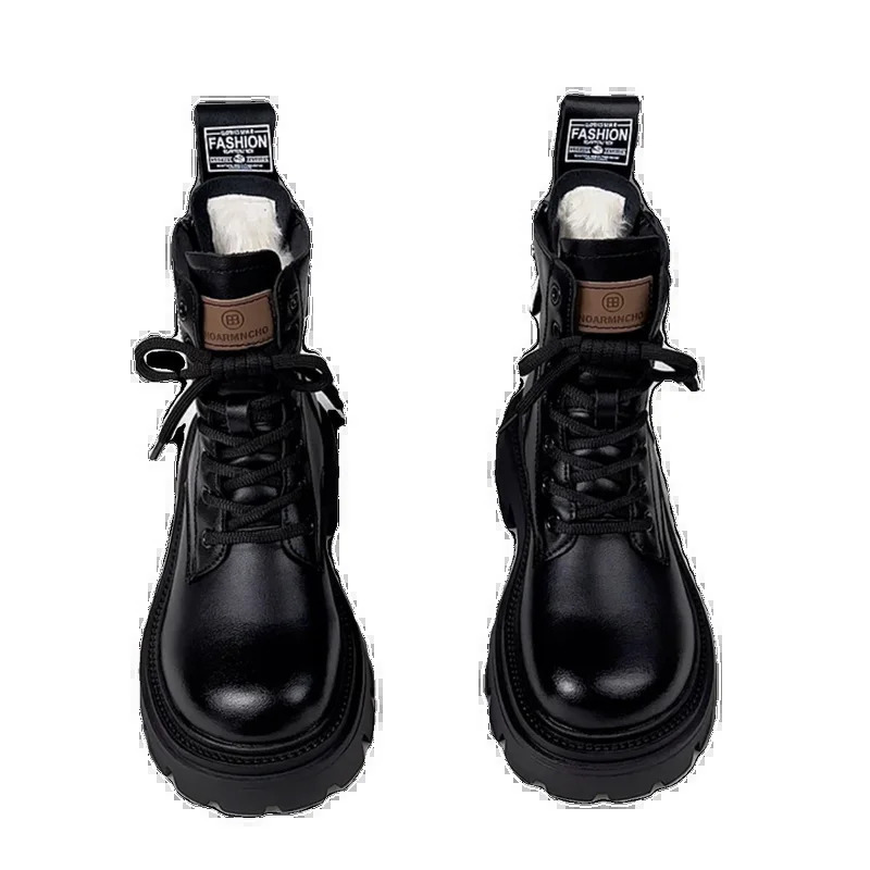 Womens snow boots winter shoes womens plush round toe flat heel leather Lolita womens Med fur 241007