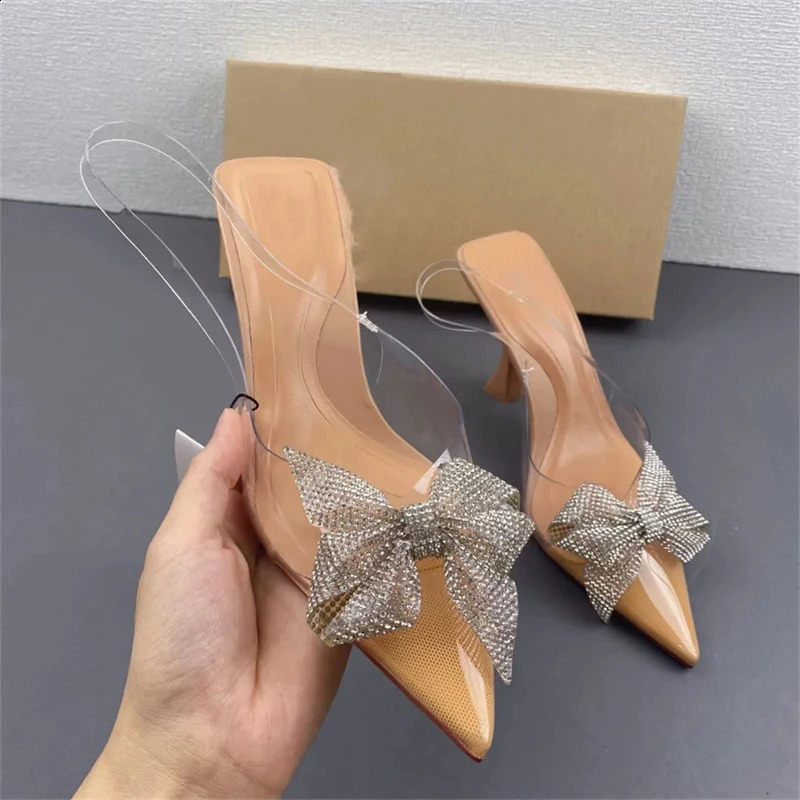 Point Head Womens High Heel Sandals Summer Water Diamond Bow Tie Strap Pump Womens Transparent Khaqi Sole Stiletto Shoes 240925
