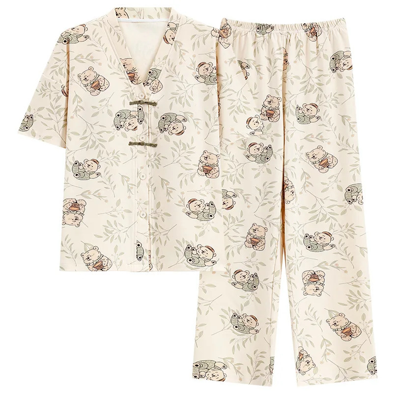 Pjs Womens Cotton Pajama Style Pajama Size Up Pajama Summer Womens Short sleeved Pants Open top Pajama Set 241009