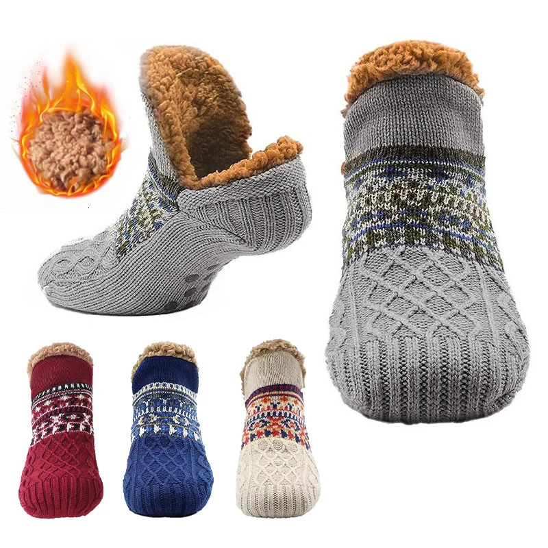 Indoor printed slippers mens thick floor mens socks winter warm bedroom sleep hose anti slip womens wool carpet socks 241009