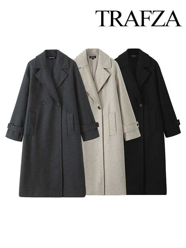 TRAFZA Women Autumn Solid Overcoat Fashion Double Breasted Turn-down Collar Pocket Design Coats Female Casual Loose OvercoatX241009
