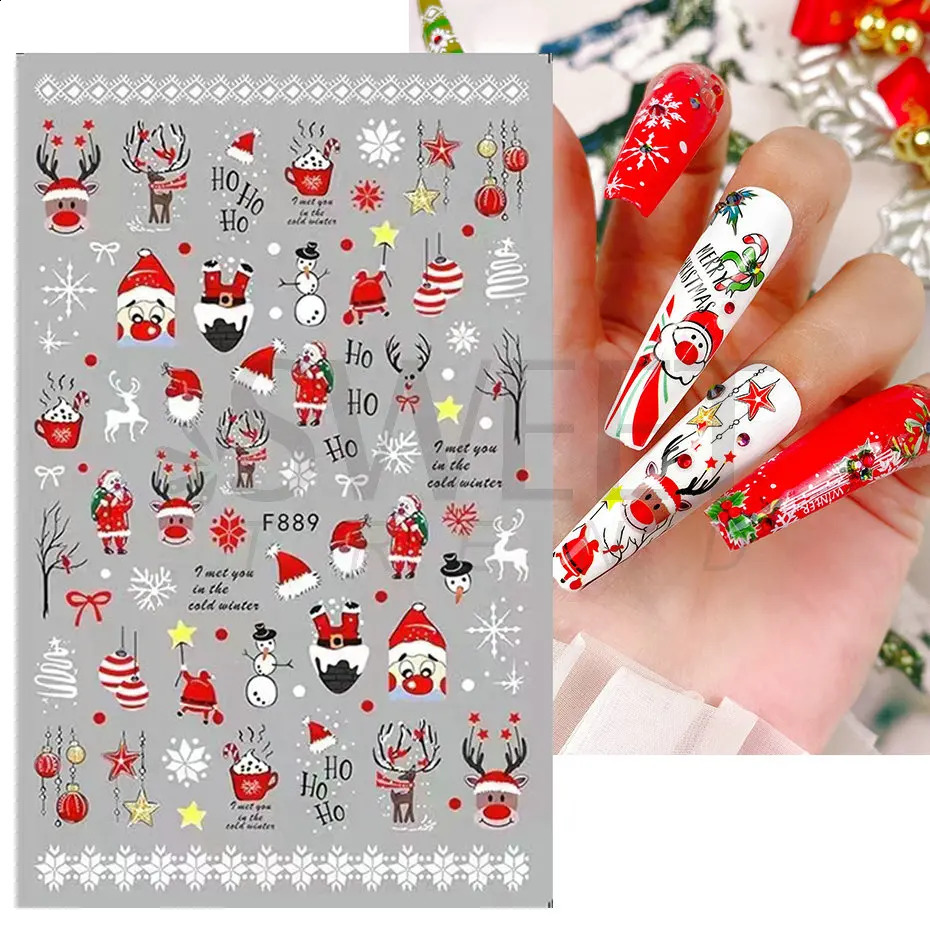 3D Christmas Nail Art Stickers Red Santa Claus Snowflake Elk Holly Winter Stickers Sliders Year Handmade Decoration BEF889 241008