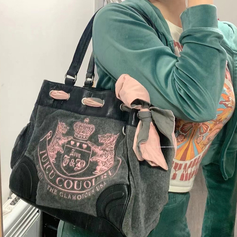 Vintage Y2k Retro Chic Embroidery Veet Shoulder Bag Ladies Large Capacity E-Girls Tote Bags Shopping Handbags For Women b28c