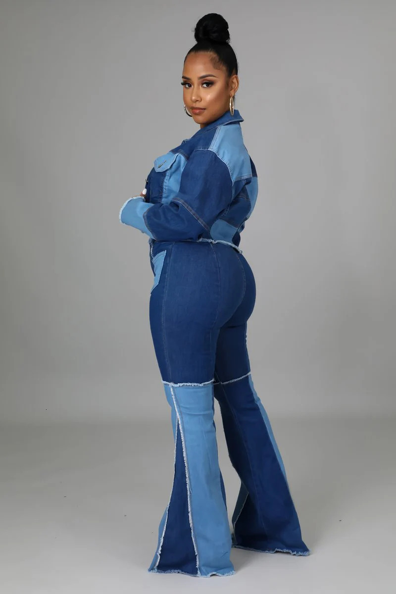 Womens matching set denim patch work retro short jacket and glitter pants twopiece autumn casual Y2K fashion 240929