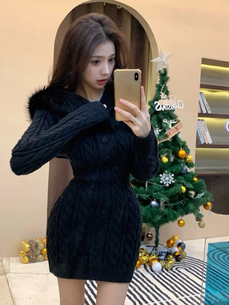 Winter Knitted Sweater Dress Hooded Womens Ultra Thin Body Y2k Mini Artificial Fur One Piece Korean Elegance 241007