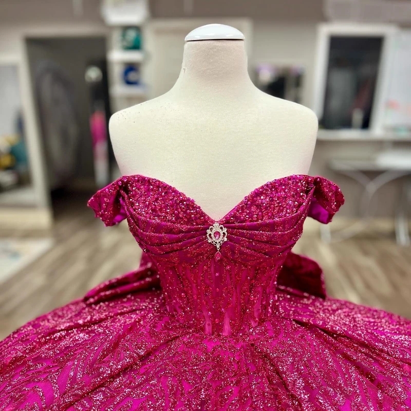 Rose Red Glitter Crystal Sequined Quinceanera Dresses Ball Gown Off The Shoulder Beading Bow Tull Corset Vestidos 15 De XV Anos Sweet 16 Dress