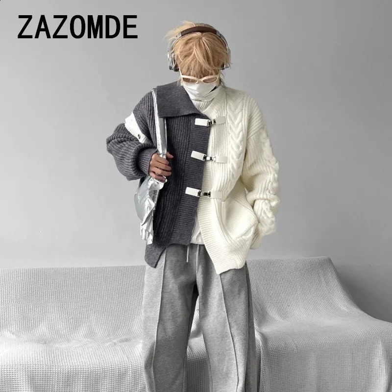 ZAZOMDE Fashion Knitted Long Sleeve Sweater with Loose Splicing Open Hemp Metal Button Knitted Coat Fashionable Mens Knitted 241007