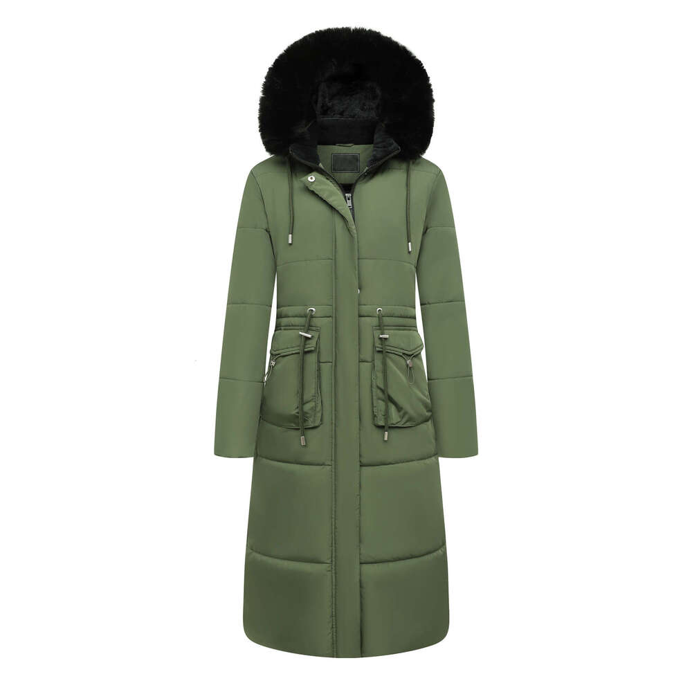 2024 new long cotton jacket for women drawstring waistband hood with plush insulation and windproof design tailored to the US market