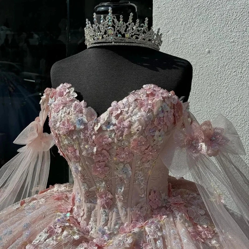 Pink Shiny Quinceanera Dresses With Cape Lace Applique Beads Tull Prom Dress Sweet 15 16 Birthday Princess Vestido De 15 Anos