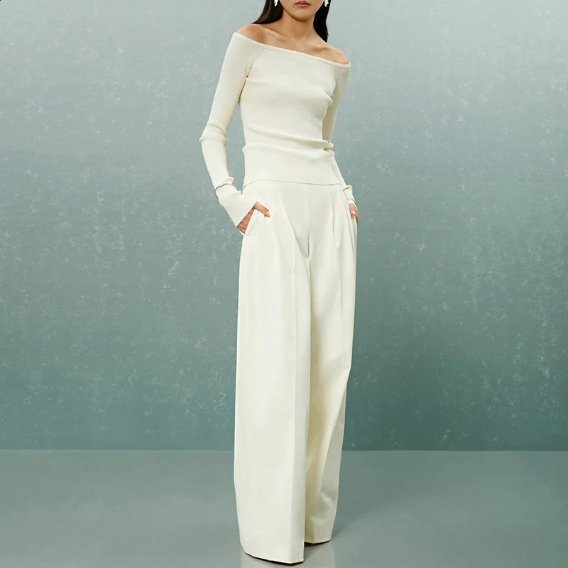 DGLUKE White Off Shoulder Sweater Womens Ribbon Knitted Long Sleeve Sweater Spring and Autumn Elegant Top 240927