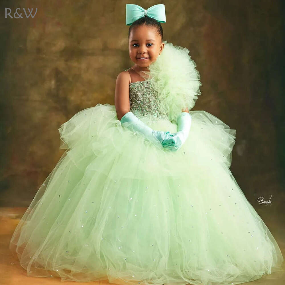 R&W 2024 Green Girls wer Communion Gowns Sheer Neck Rhies Decorated Princess Queen Birthday Party Dress for Little Girl F129