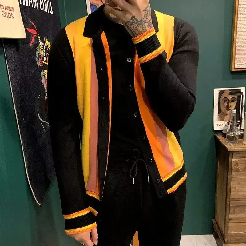 Mens casual rainbow sweater long sleeved Harajuku er skydiving Y2k high-quality jacket knitted retro knitted cardigan for men 241007