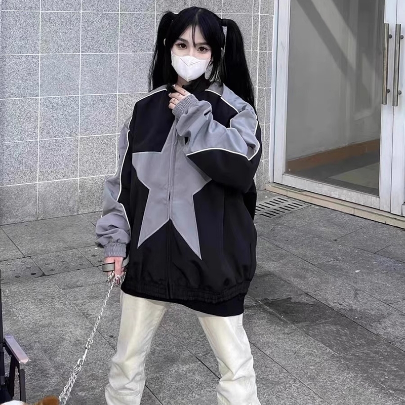 Spring Bomber Jacket Men Women Vintage Star Pattern Harajuku Y2k Windbreaker Coat Streetwear Zipper Patchwork Outerwear Unisex 240914