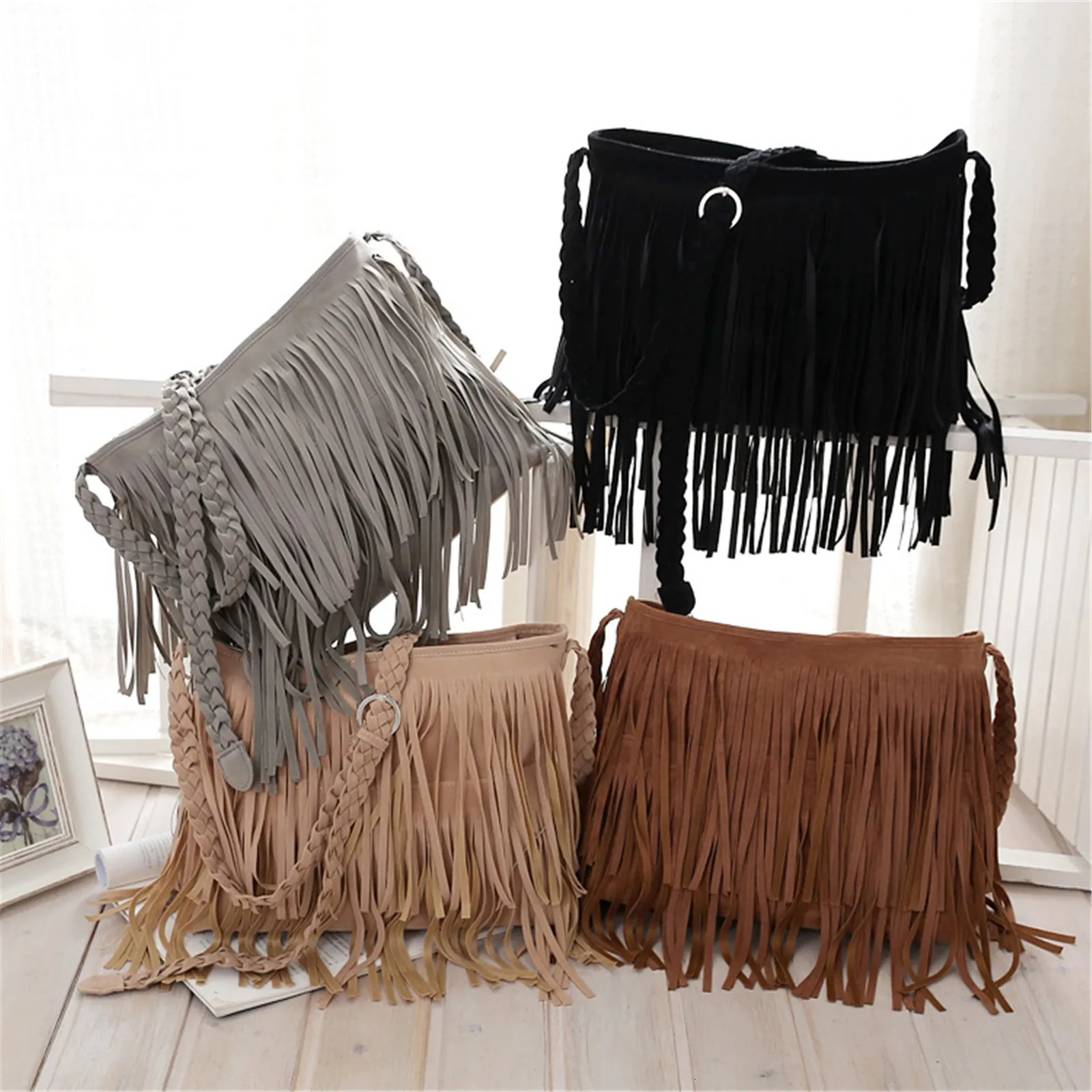 Fashionable womens shoulder bag frosted tassel fashion ten font foreskin leather velvet messenger bag casual handbag shopping bag 241008
