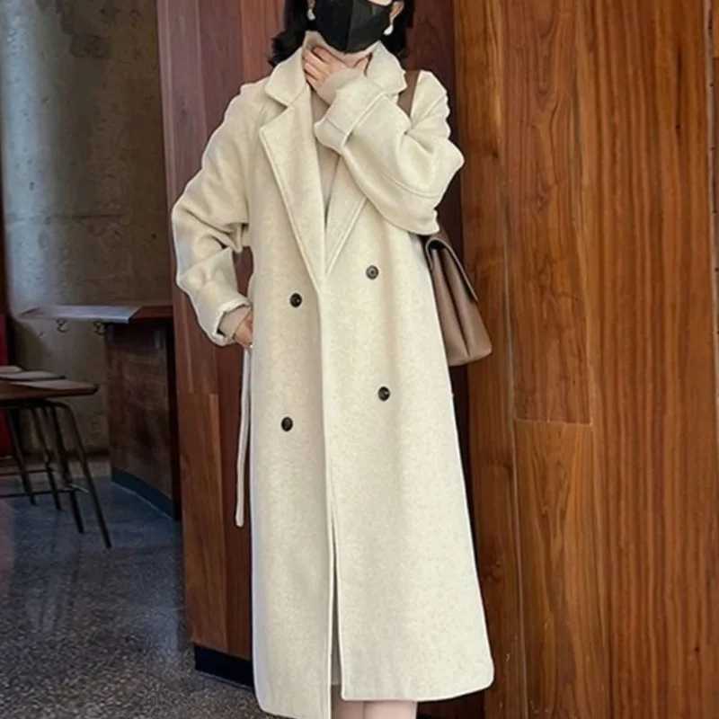 Womens Autumn Winter New Fashion Solid Color Suit Collar Button Pocket Tie Up Korean Versatile Long Sleeved Loose Woolen CoatX241009