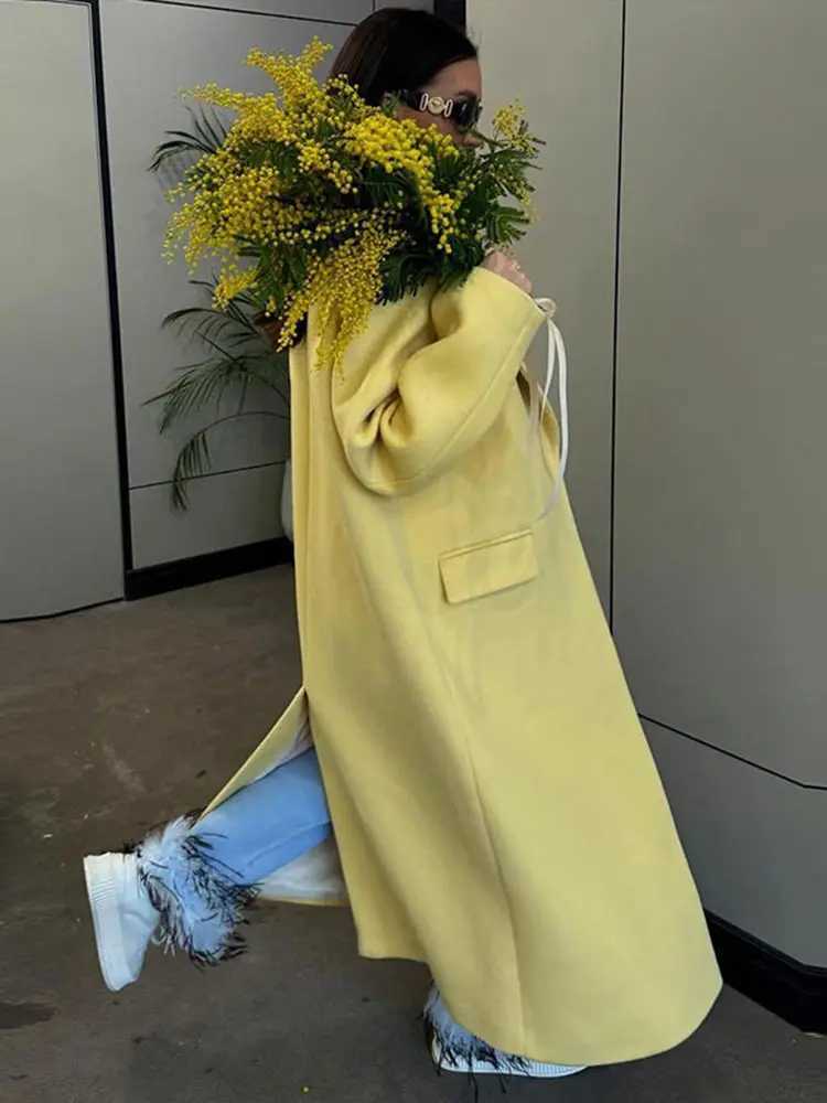 Fashion Yellow Woolen Long Coats For Women Loose Lapel Long Sleeve One Button Solid Coat 2024 Autumn Winter Elegant StreetwearX241009