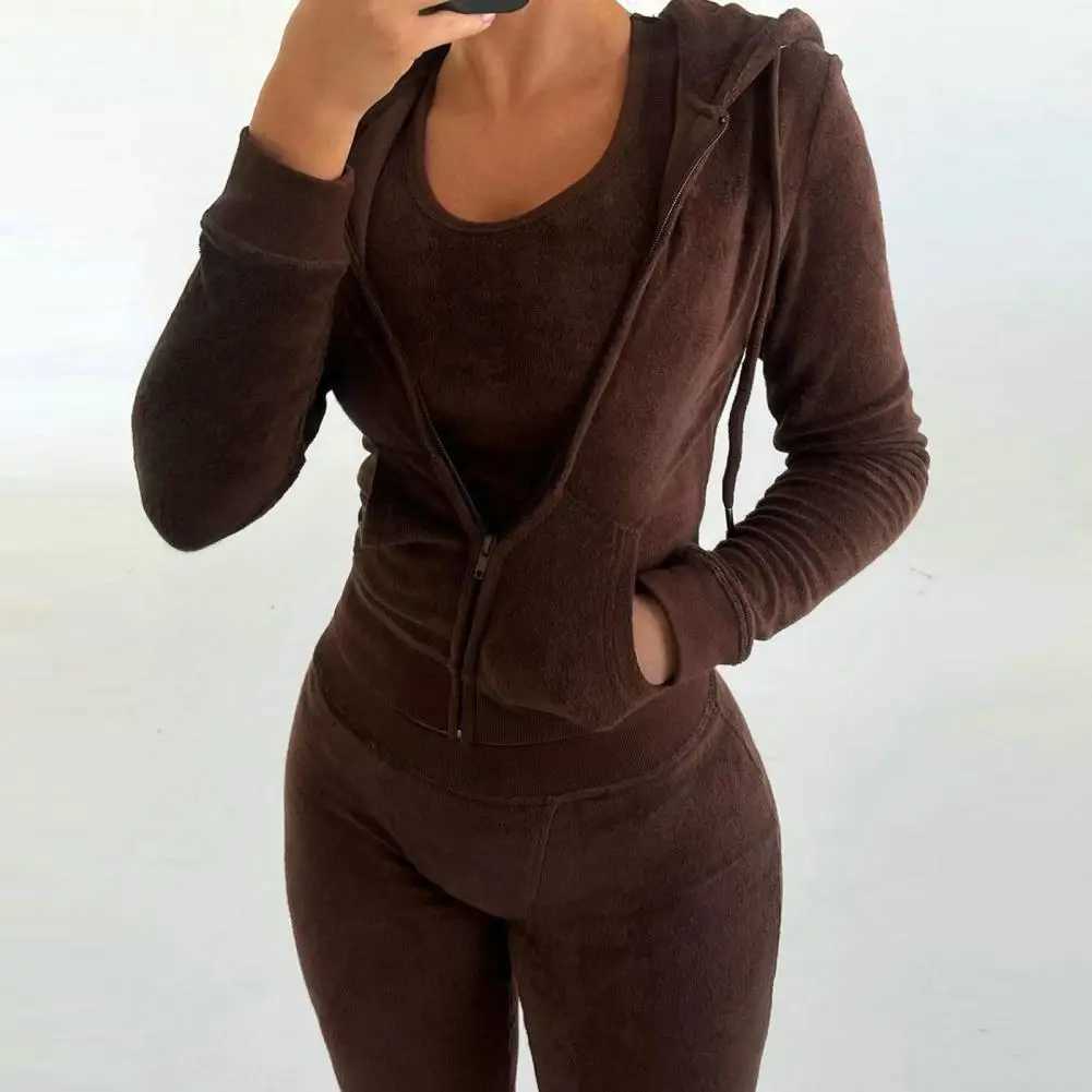 Womens thick wool 3-piece sports pants vest and hooded jacket set autumn and winter jogging luxury set sportswear W241008