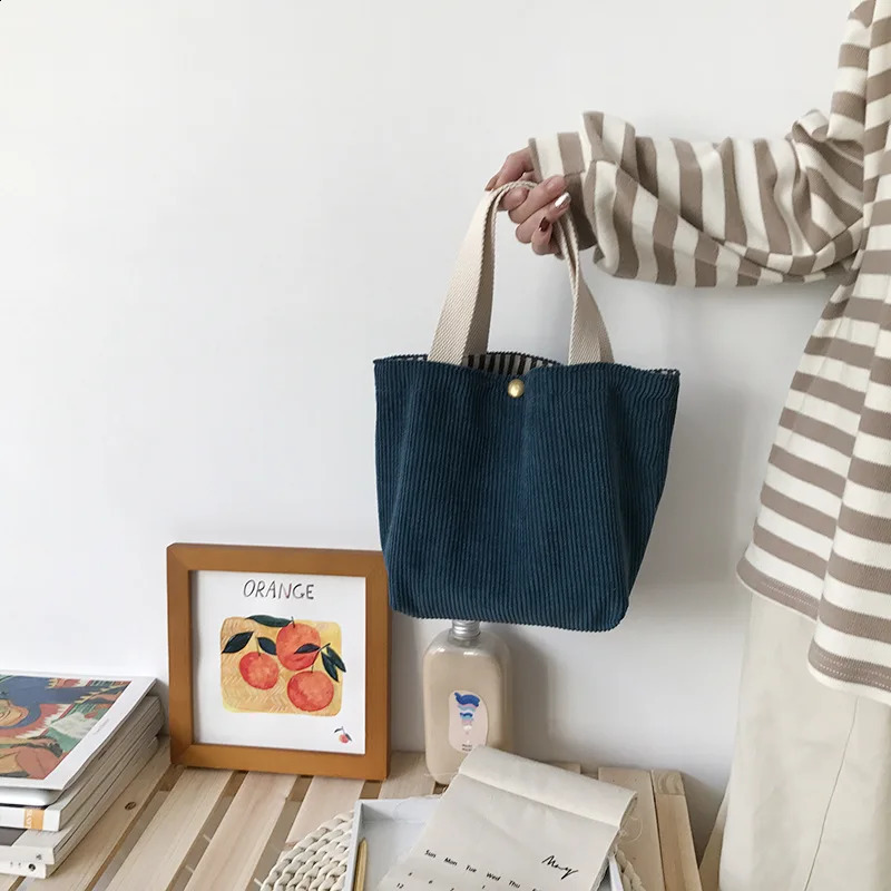 Small Corduroy Lunch Bag for Women Canvas Portable Tote Bags Travel Handbags 240925
