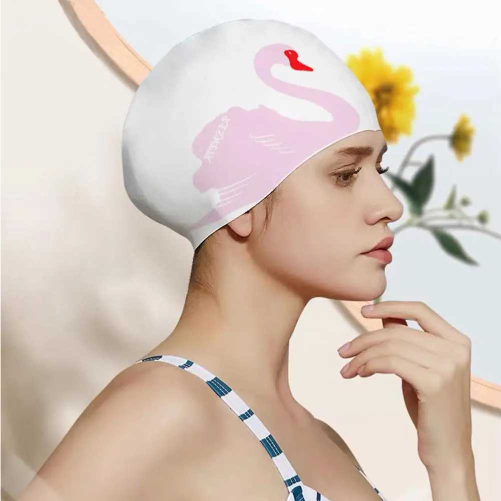 Womens swimming cap swan print elastic anti slip ear cap silicone long short hair adult bath pool swimming cap CL241009