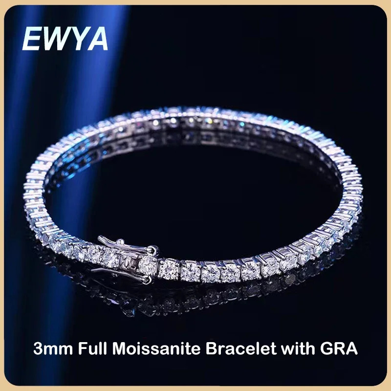 EWYA 925 Pure Silver Bracelet 01ct 3mm D VVS1 Diamond with GRA Perfect for Womens Sparkling Wedding Party Exquisite Jewelry 240912