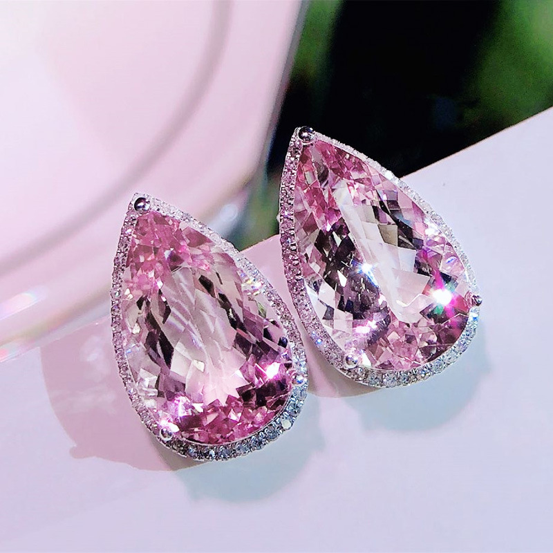Luxury 925 Sterling Silver Diamond Earrings Classic Water Drop Pink Zircon Stud Earrings Sparkling Crystal Stud Wedding Party Jewelry Valentine's