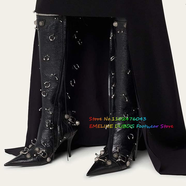 Pointed Toe Studded Buckled Knee High Boots Ring-Piercing Embellishment Side Zippers Black Chic Long Booties For Ladies