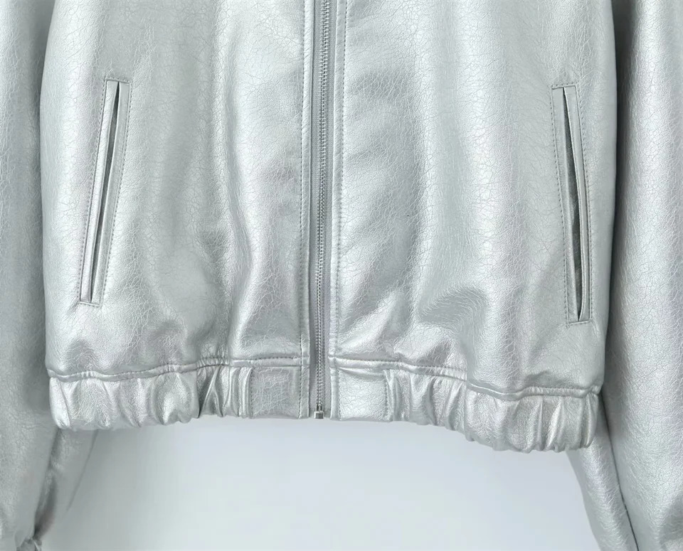 Retro silver PU leather jacket womens spring n baseball jacket womens short pilot jacket top 240930