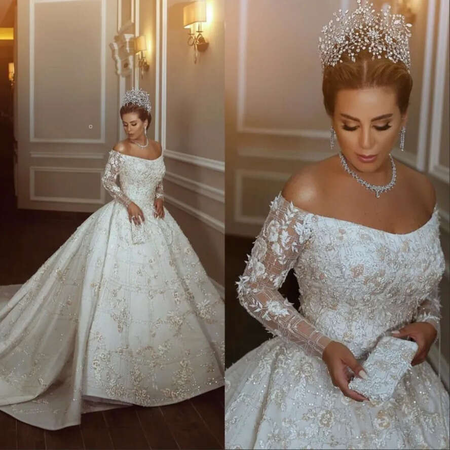 Pcs Plus Size One Dresses Off Shoulder Lace Beads Sleeve Long Sleeves Arabic Vestido De Novia Wedding Gowns Bridal Dress s