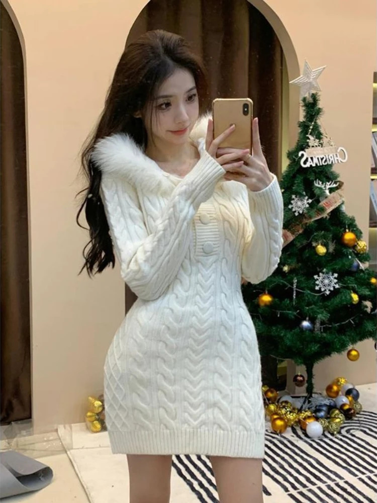 Winter Knitted Sweater Dress Hooded Womens Ultra Thin Body Y2k Mini Artificial Fur One Piece Korean Elegance 241007