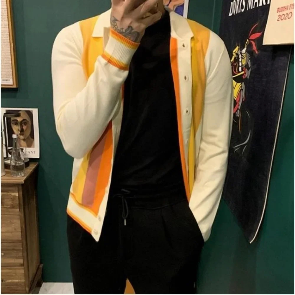 Mens casual rainbow sweater long sleeved Harajuku er skydiving Y2k high-quality jacket knitted retro knitted cardigan for men 241007