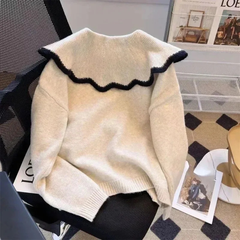Korej Casual Women Cardigan 2023 Autumn Winter Clothes Peter Pan Collar Knitted Sweater Coat Knitwear Solid Ladies Tops 241007