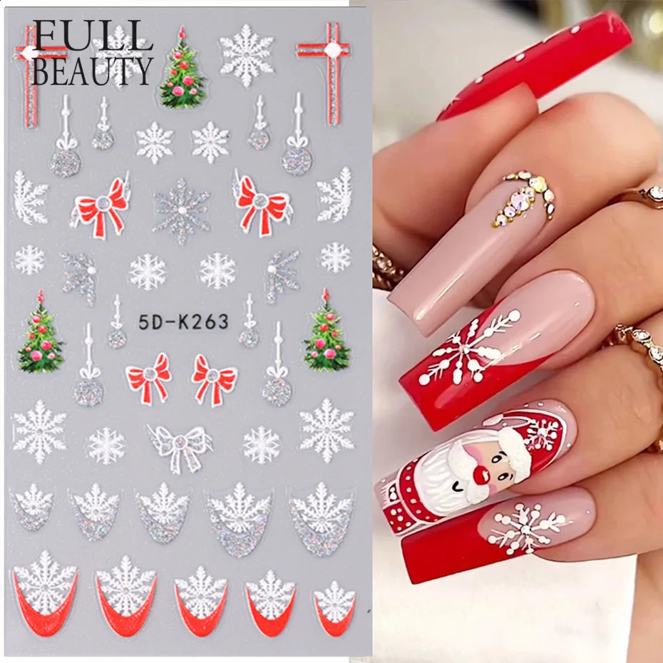 2024 Christmas Nail Stickers 5D Embossed Cartoon Santa Claus Nail Stickers Snowflake Deer Fake Nail Stickers 241008