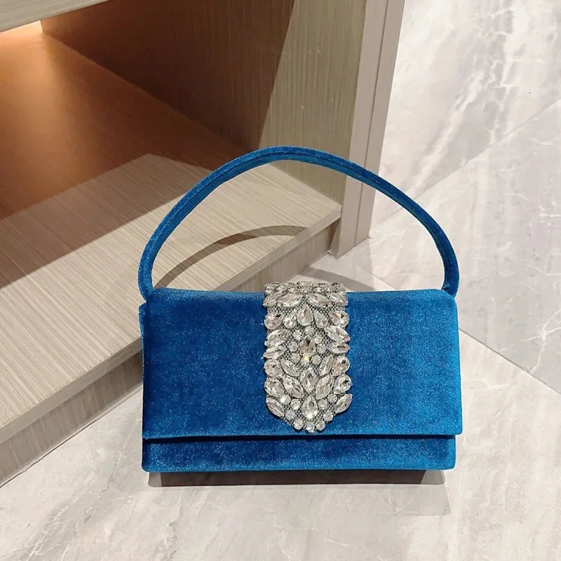 Autumn Winter handbag vintage velvet blue black evening bag handbag womens dinner party rhinestone handbag 241008