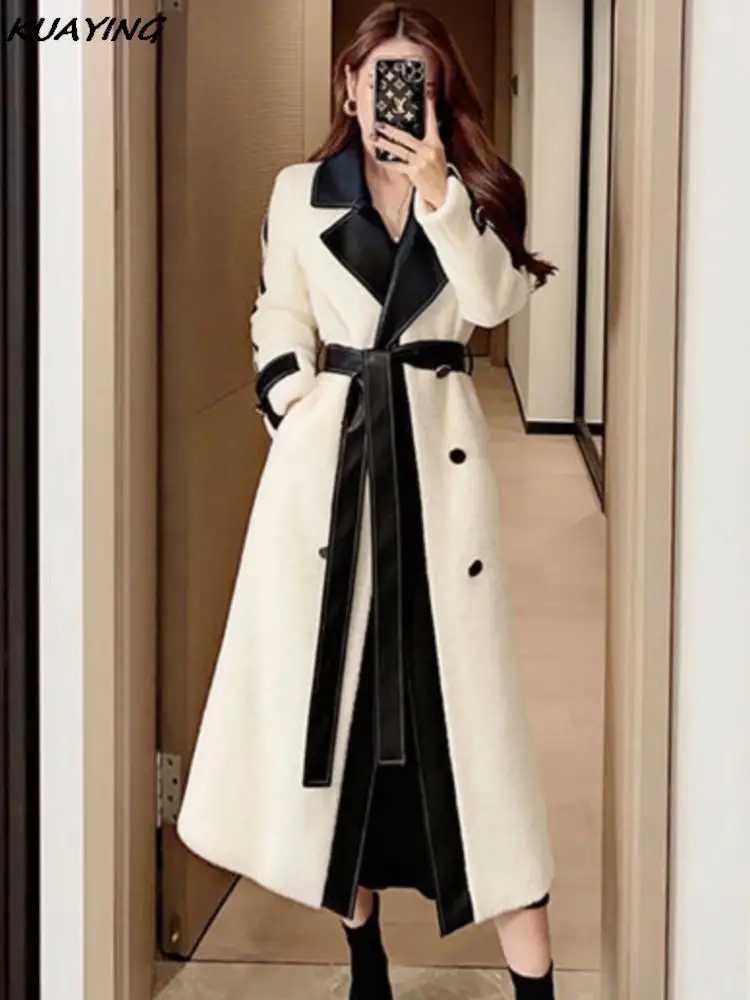 Autumn Winter Midi Woolen Coat Elegant and Chic Black White Patchwork Wool Overcoat with Belt Fashion Outerwear Female ClothesX241009