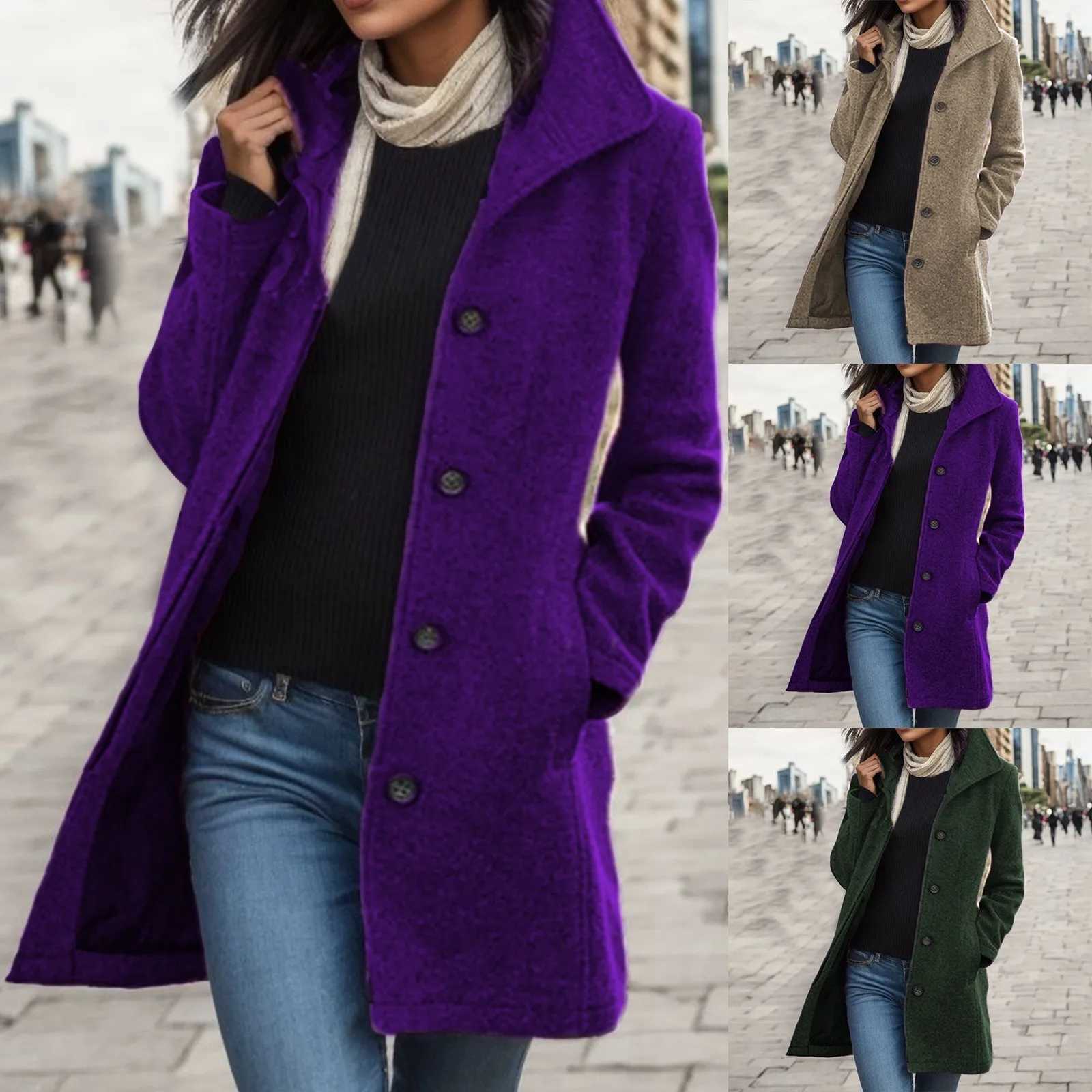 WomenS Solid Color Woollen Overcoat Thick Woolen Overcoat Mid Length Pockets Woman Winter Jackets Versatile Appear Thin ClothesX241009