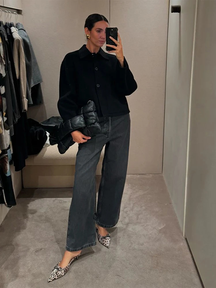 Womens wool jacket for autumn and winter solid single chest lapel long sleeved jacket womens warm street jacket 240930