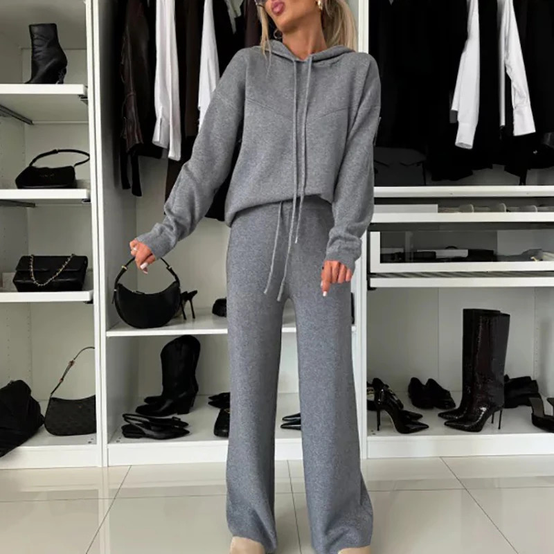 Fashion lace top solid warm suit elegant brushed hooded sweatshirt and pants set womens tight long sleeved loose 2PC 241008