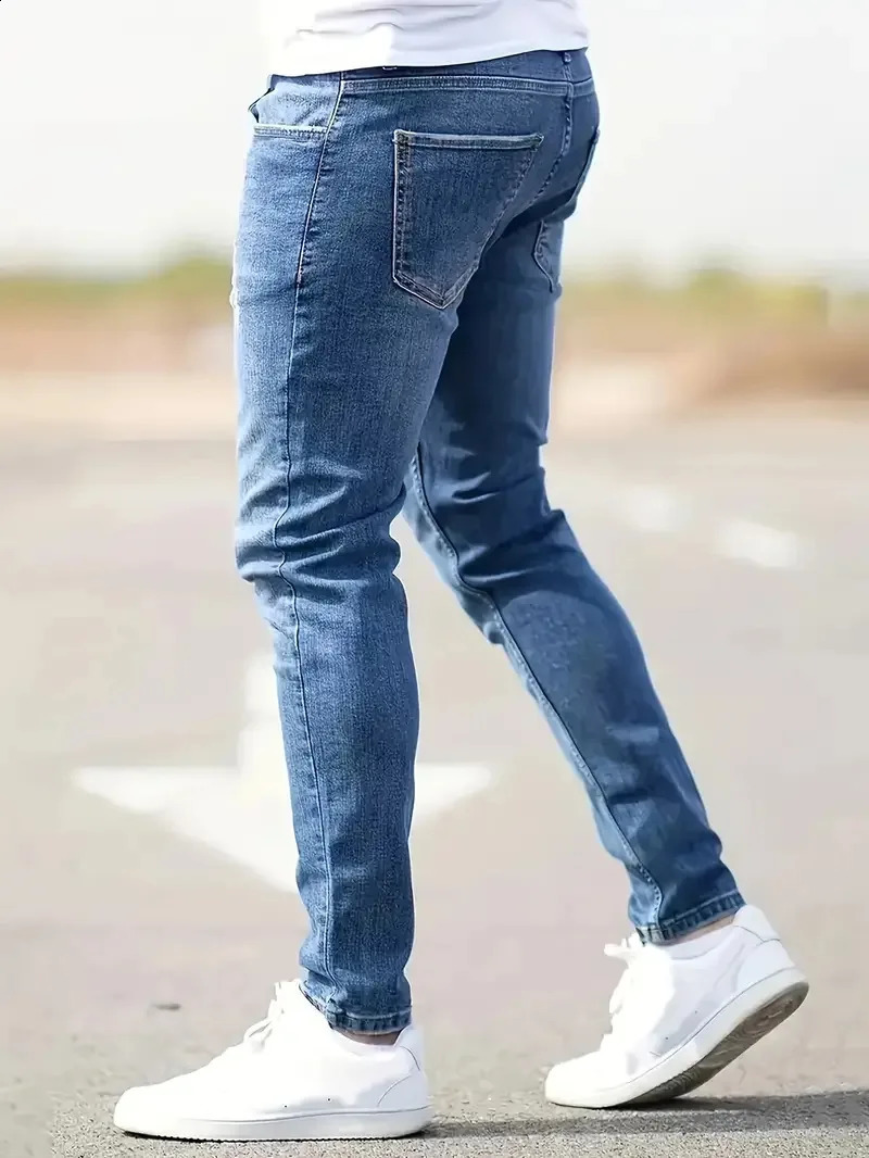 Cool mens jeans denim hole tight retro washed solid color pencil pants 2024 ankle long shoulder punk style pocket 240930