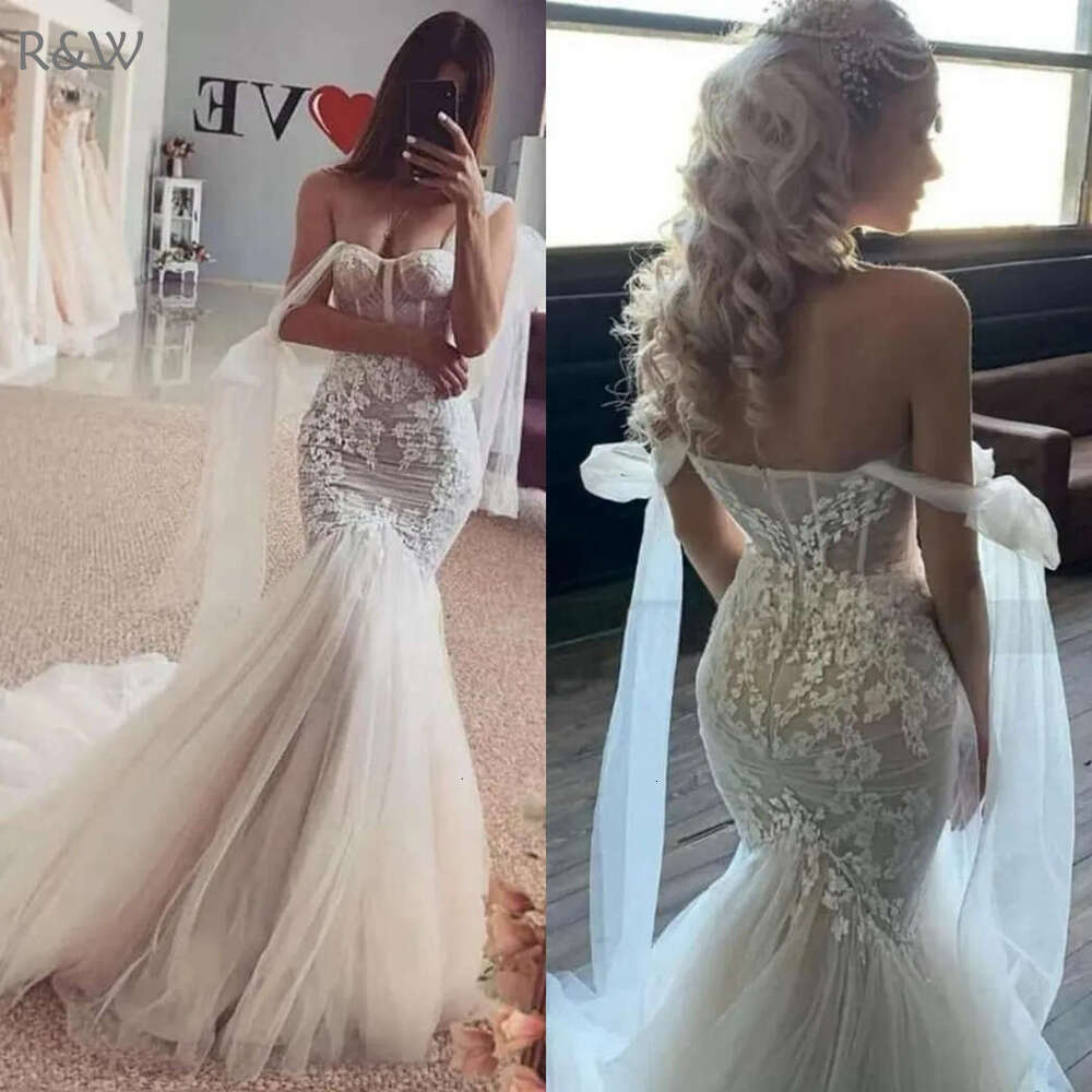 R&W Boho Mermaid Bride Illusion Off Shoulder Bridal for Black Women Girls Tulle Marriage Dress Beach Wedding Gowns D123