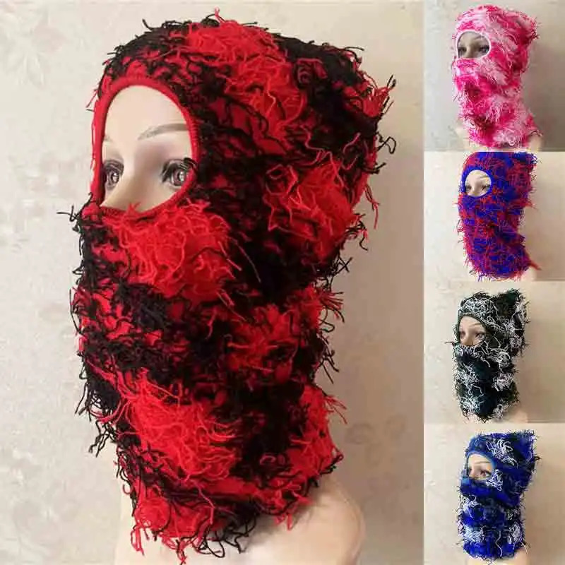 Hip Hop Balaclava Distressed Knitted Hat Full Face Ski Mask Womens Outdoor Camouflage Wool Beanies Mens 241009